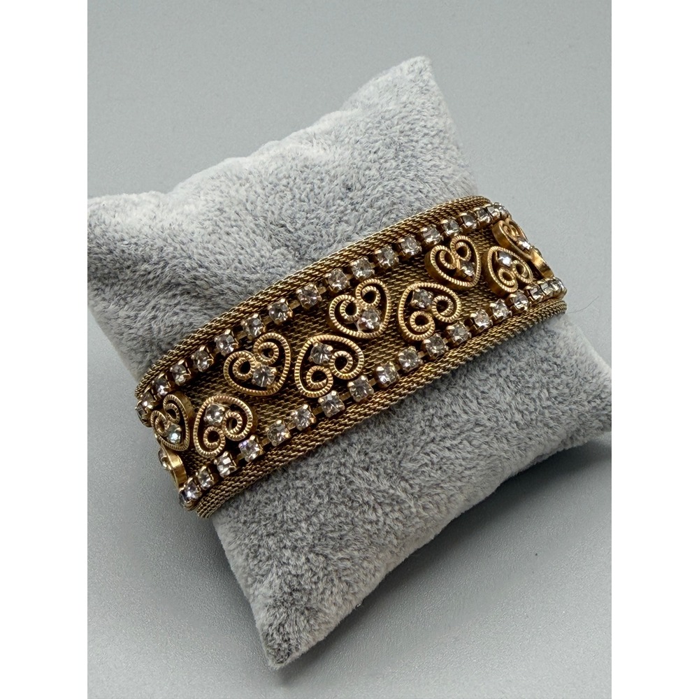 Vintage Gold Tone Mesh Bracelet Rhinestone Filigree Panel Toggle Clasp #1052